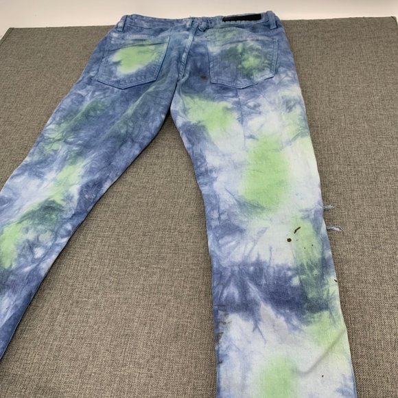 Unique Mens Embellish Tie Dye Jeans Distressed Ripped 30 Cotton Spandex Blue - Picture 9 of 16